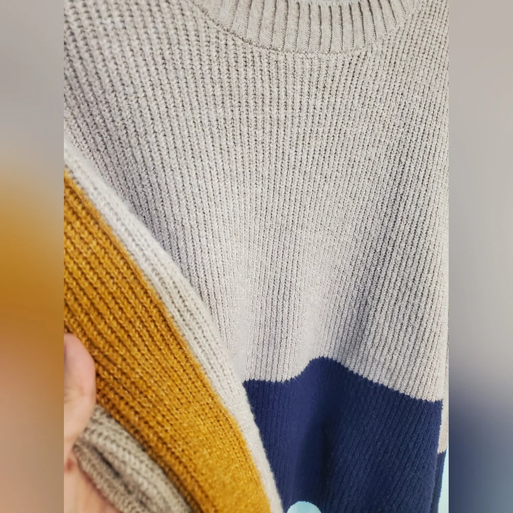 Pinque Women Knit CREWNECK PULLOEVER Sweater color Block Cardigan Large